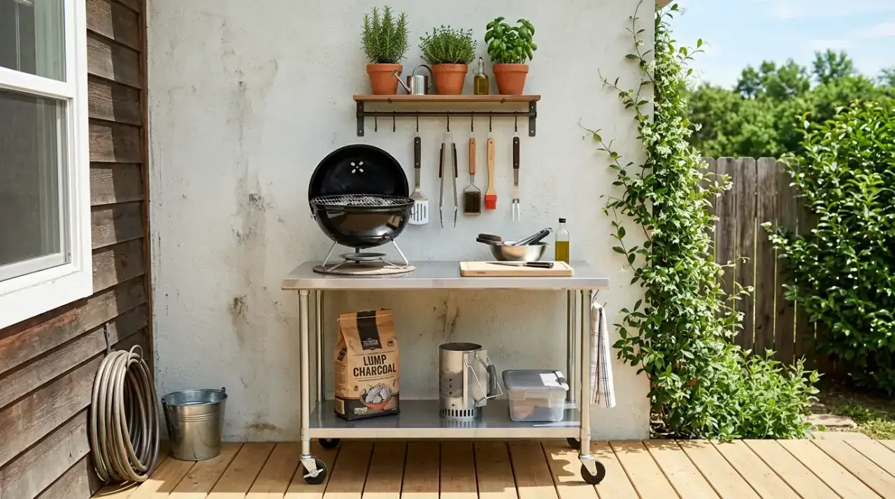 String lights in budget outdoor kitchen. Simple evening lighting warming an affordable outdoor cooking setup.