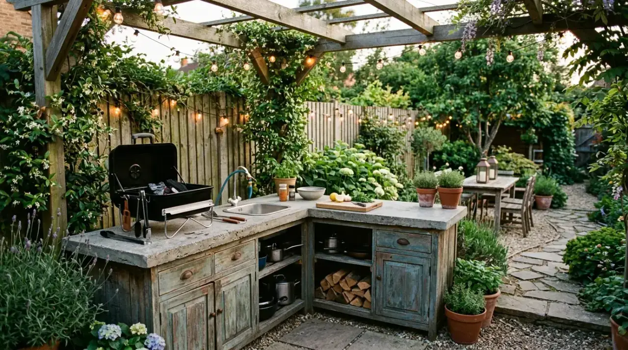 Rolling cart in cheap outdoor kitchen. Flexible movable surface improving function in a budget backyard kitchen.