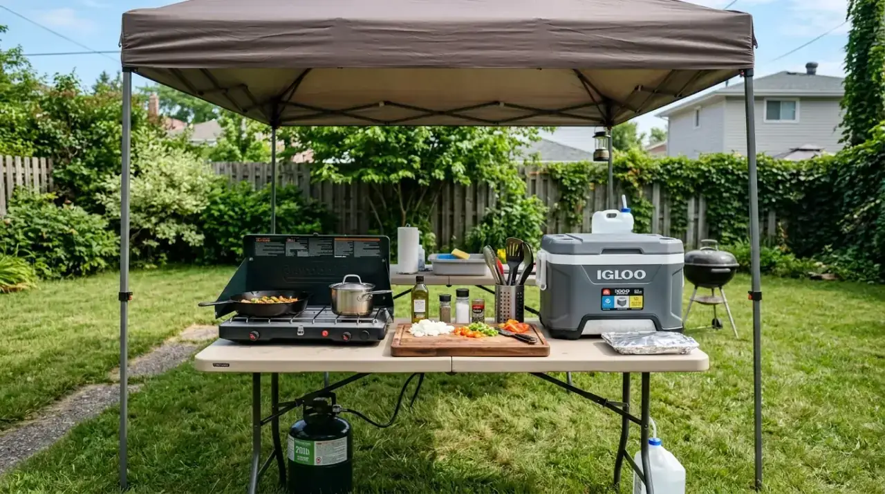 Durable materials in budget outdoor kitchen. Weather-ready surfaces creating a practical affordable cooking setup.