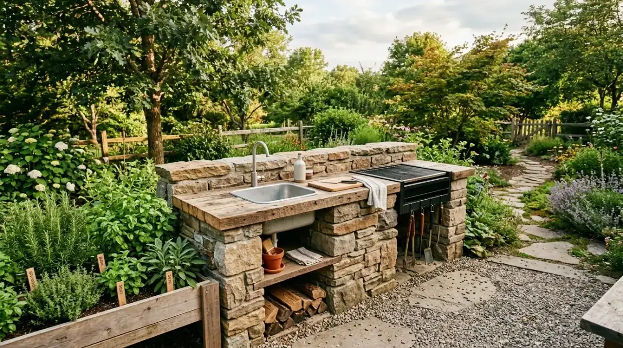Tool wall in outdoor kitchen. Vertical organization improving storage in a cheap backyard cooking area.