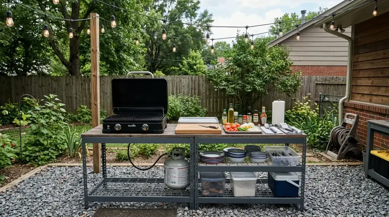 Dining area beside budget outdoor kitchen. Simple seating adding more comfort to a backyard cooking setup.