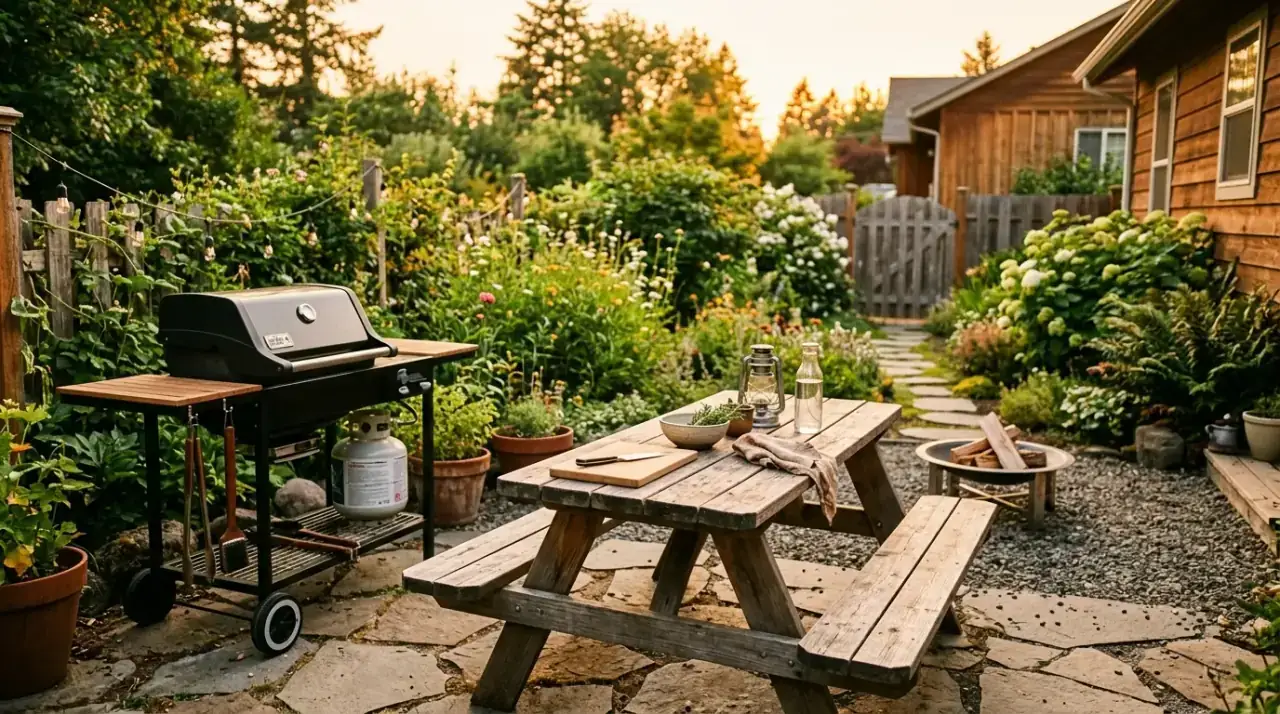 Painted materials in budget outdoor kitchen. Low-cost visual upgrade making a simple outdoor kitchen feel more finished.