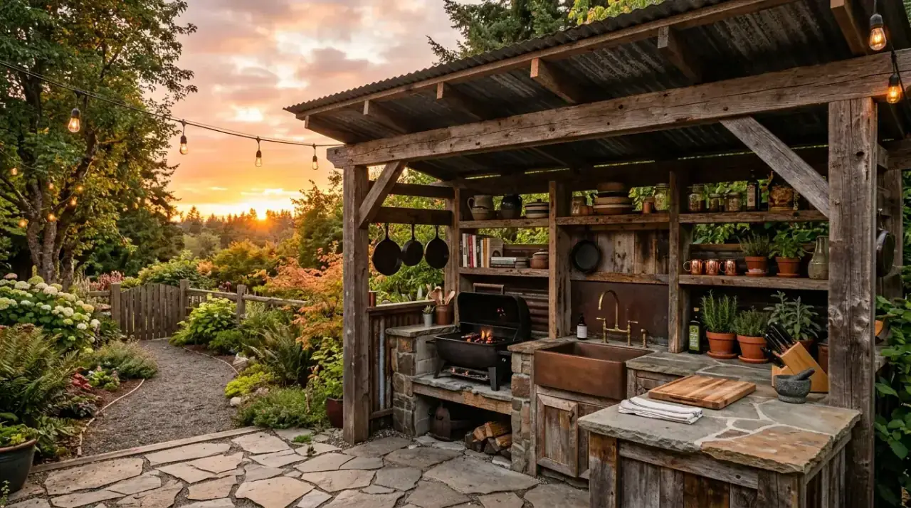 Plants around budget outdoor kitchen. Greenery softening a simple affordable backyard cooking zone.