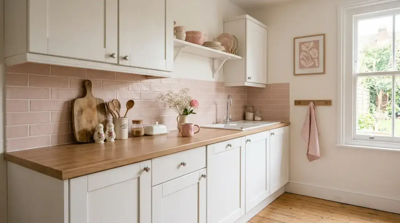 Budget-friendly pink kitchen decor with soft accents, affordable styling, and gentle color warmth.