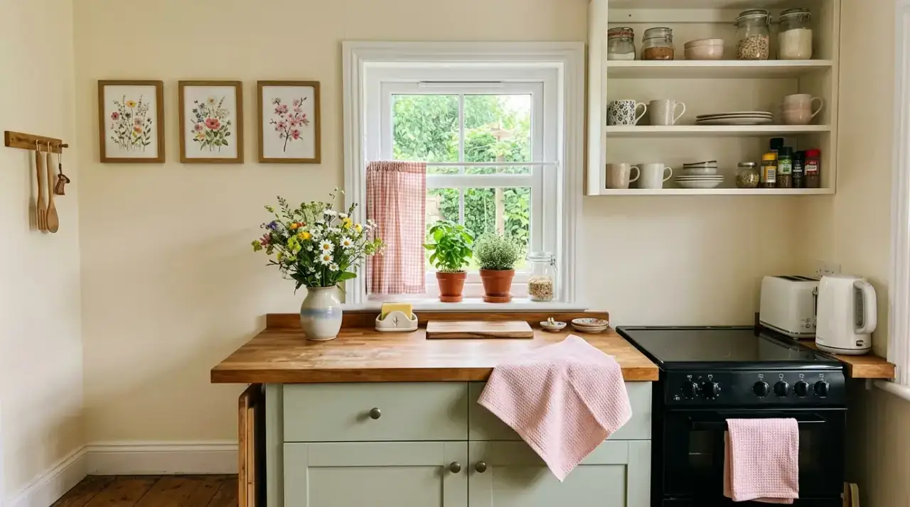Blush ceramics kitchen. Soft pink ceramic accents styling the kitchen on a budget.