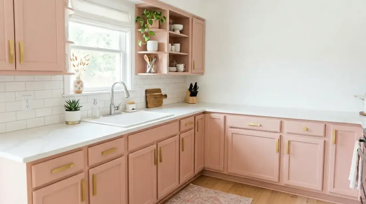 Pink accent stool kitchen. Repainted seating adding affordable pink personality to the kitchen.