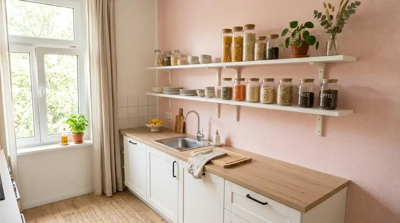 Pink art kitchen decor. Budget-friendly wall prints bringing a blush accent into the kitchen.