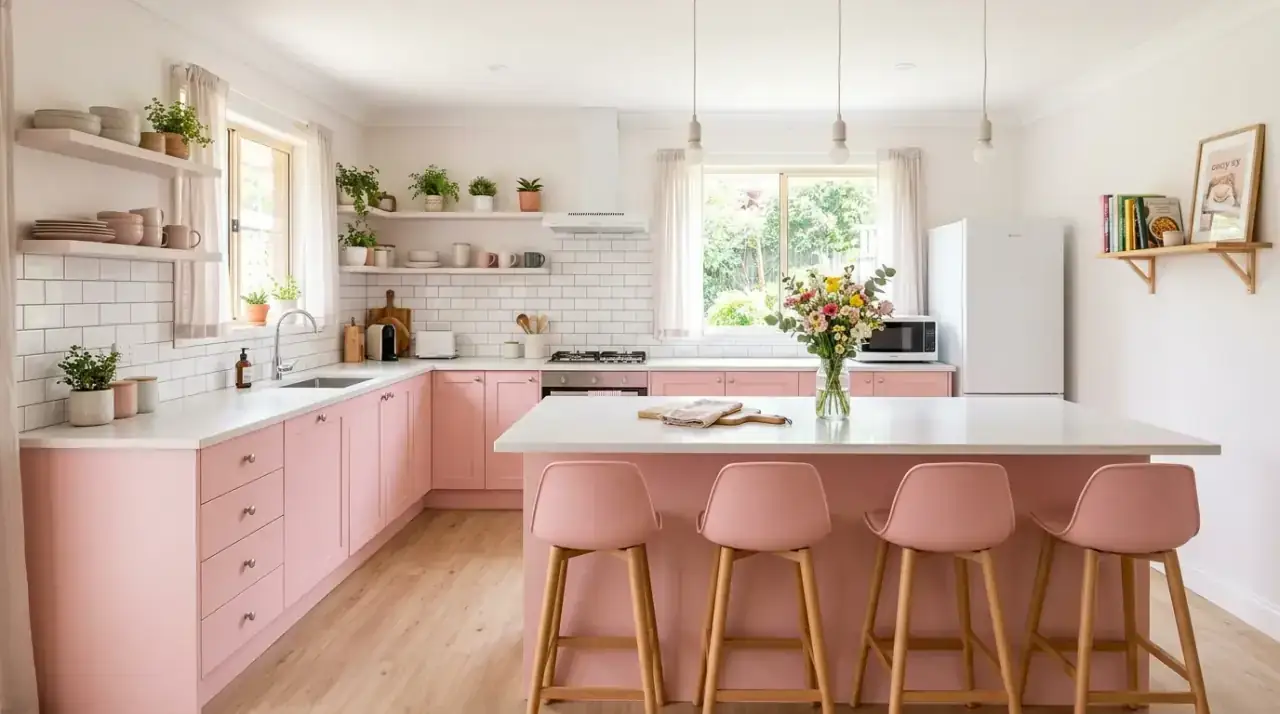 Pink fruit and flowers kitchen. Natural pink accents styling the kitchen affordably through produce and blooms.