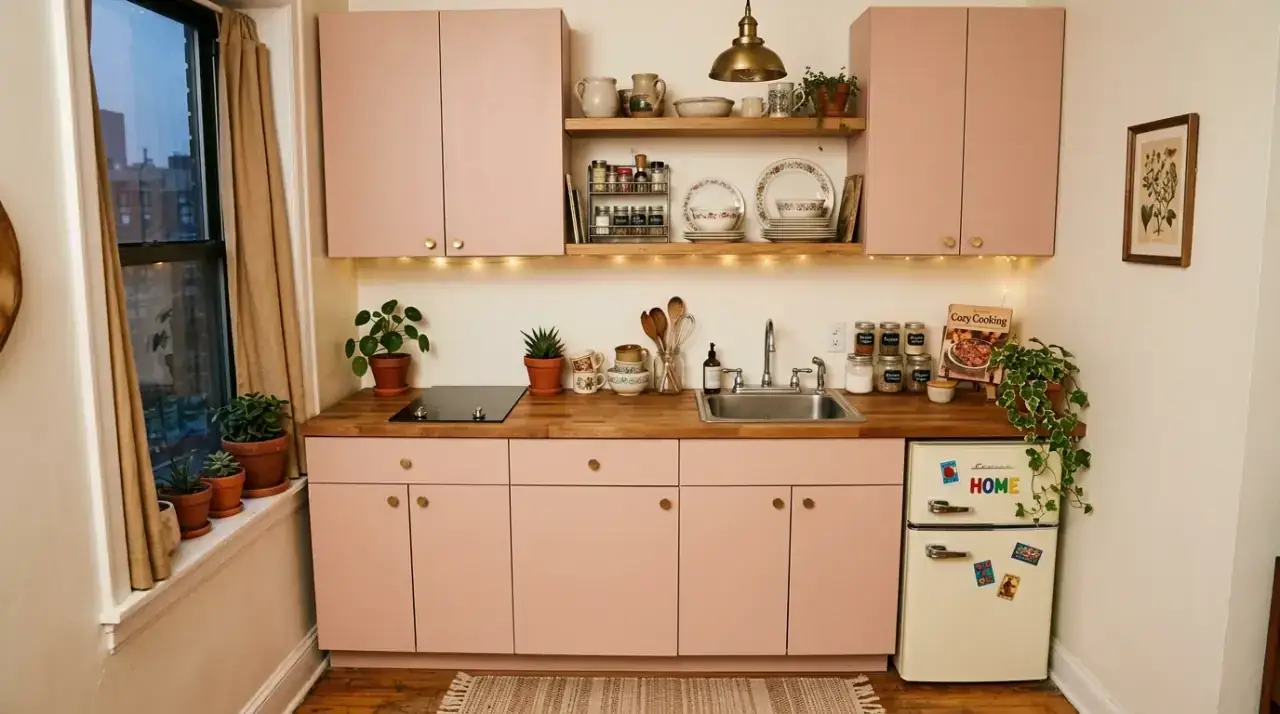Peel and stick pink kitchen. Low-cost removable pink surface adding softness to the kitchen.