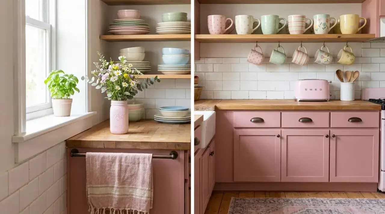 Muted pink kitchen decor. Dusty rosy tones bringing a softer and more refined touch to the kitchen.