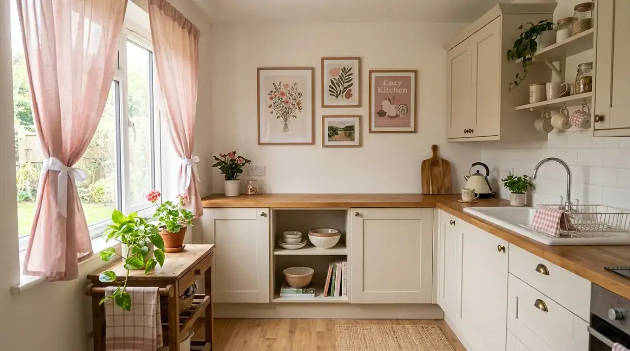 Painted pink kitchen accent. Affordable blush-painted accent pieces personalizing the kitchen.