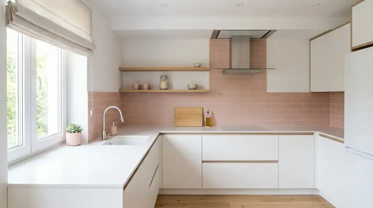 Pink and wood kitchen decor. Soft pink accents balanced by natural wood textures in the kitchen.