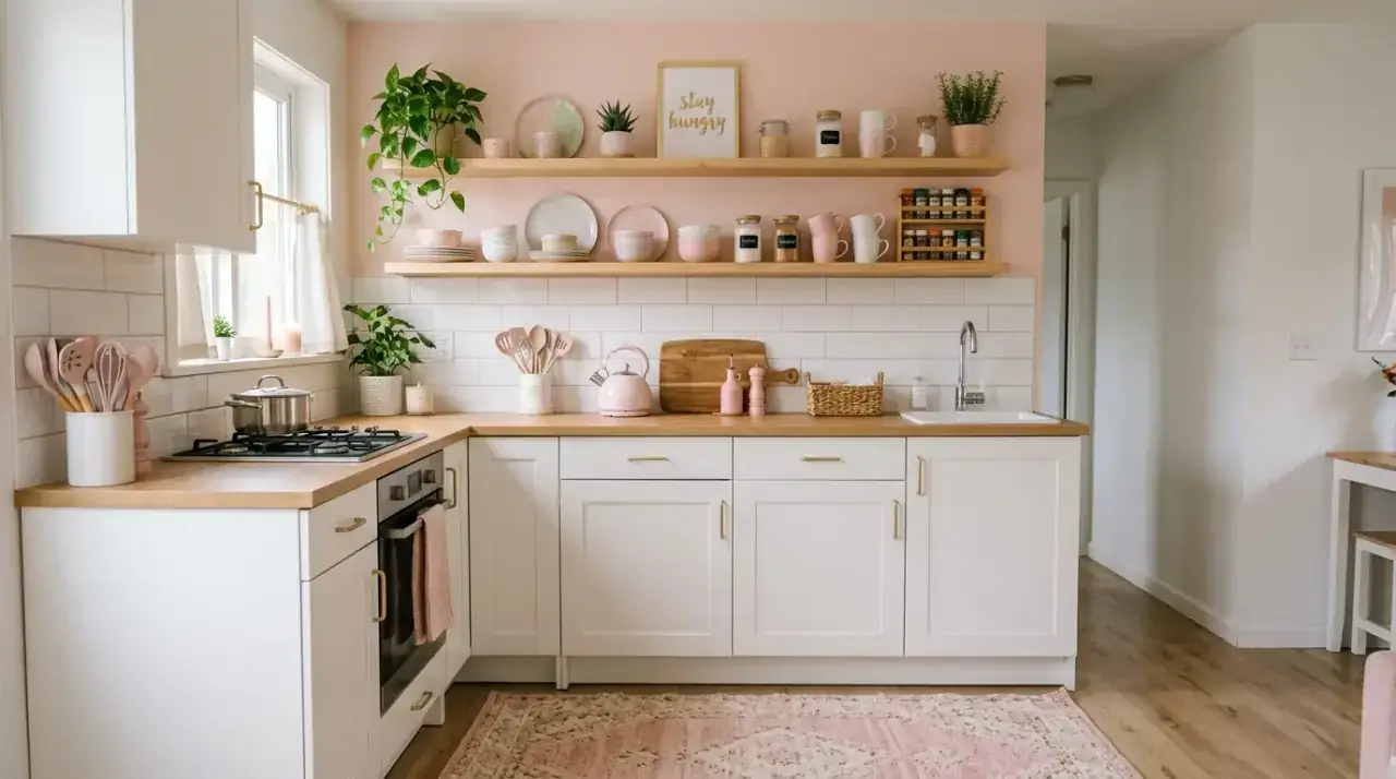 Pink kitchen corner decor. Blush accents styled into one focused area of the kitchen.