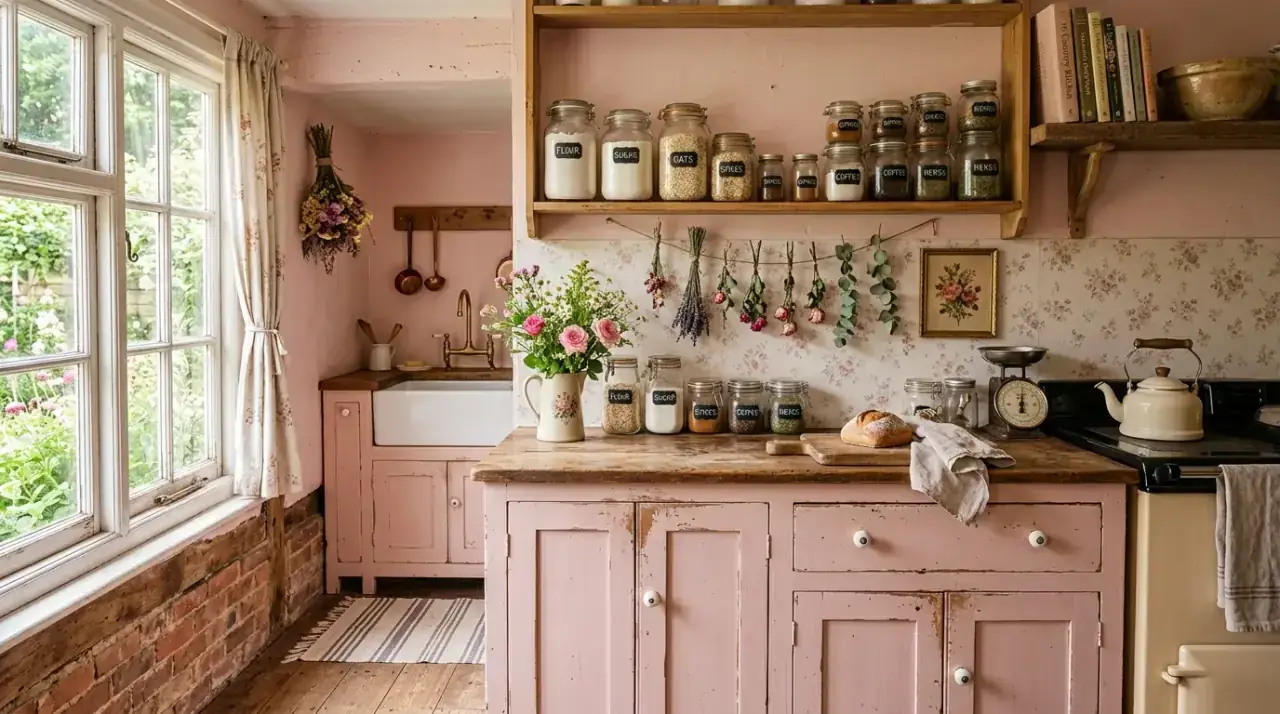 Pink cream brass kitchen. Soft blush decor paired with warm neutrals and brass accents.