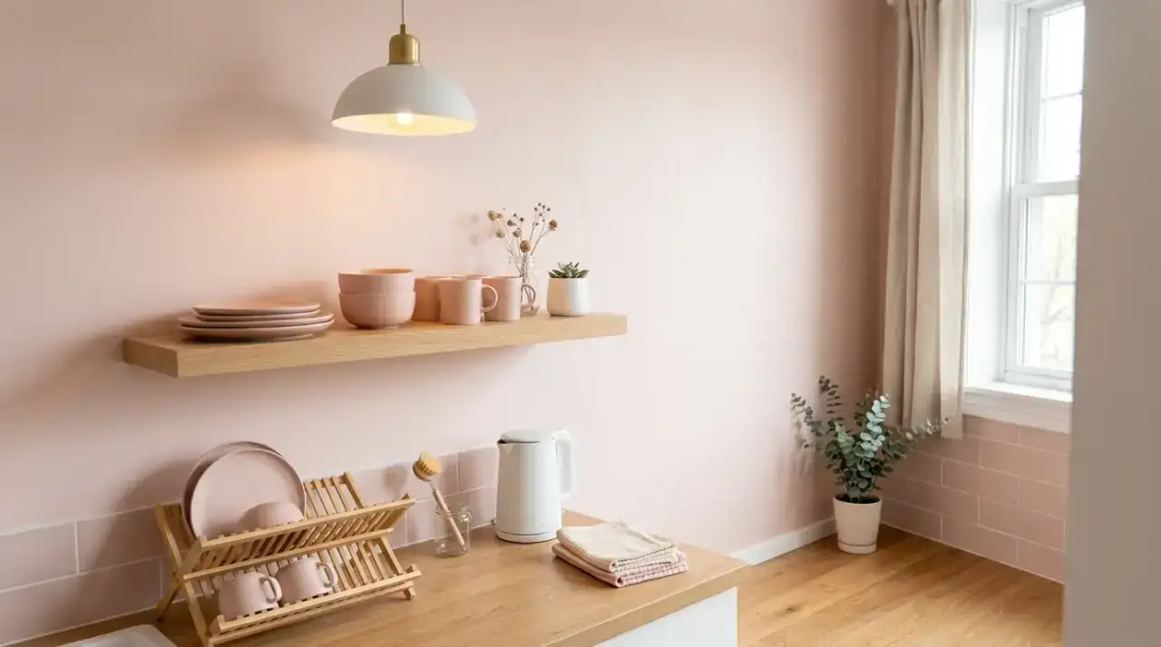 Edited pink kitchen decor. Thoughtfully limited blush accents keeping the kitchen calm and intentional.