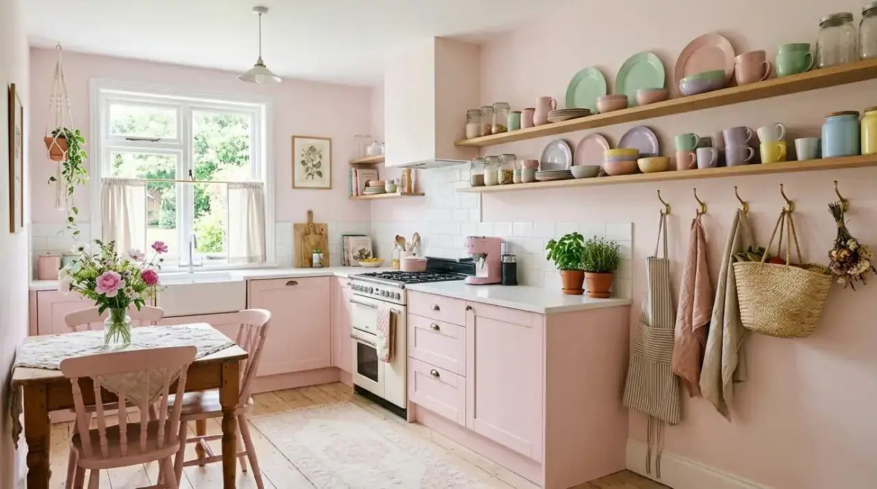 Budget pink kitchen overview. Affordable blush kitchen styling creating a soft welcoming atmosphere.