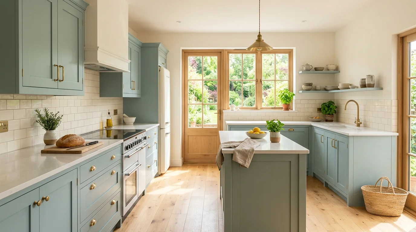 Soft blue green shaker kitchen cabinets with brass hardware, quartz counters, and warm window light.