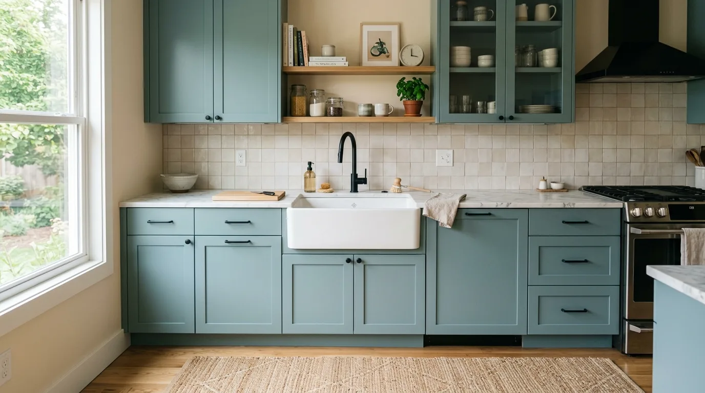 Muted blue green flat-panel cabinets. White marble counters, matte black faucet, farmhouse sink, and beige walls.