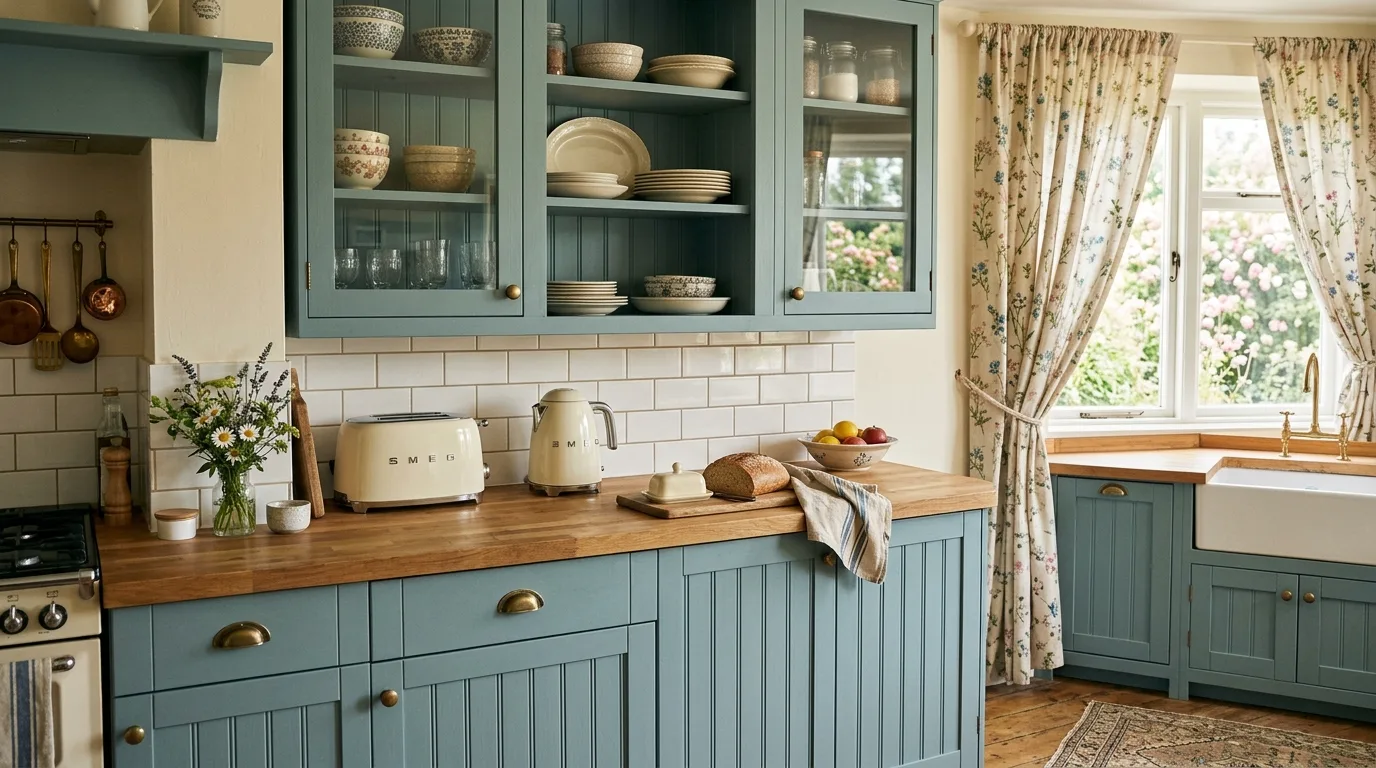 Dusty blue green beadboard cabinets. Glass-front uppers, ceramic backsplash, and floral linen curtains.