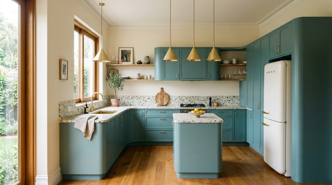 Elegant blue green inset cabinets. Rounded edges, terrazzo counters, and brass pendant lights.