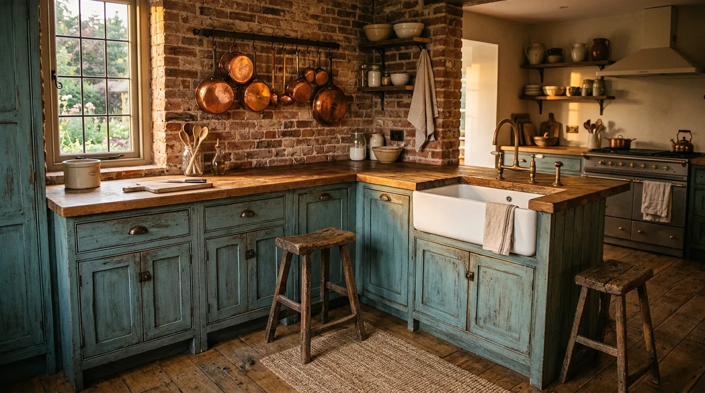 Rustic blue green distressed cabinets. Butcher block counters, copper pans, exposed brick, and farmhouse warmth.