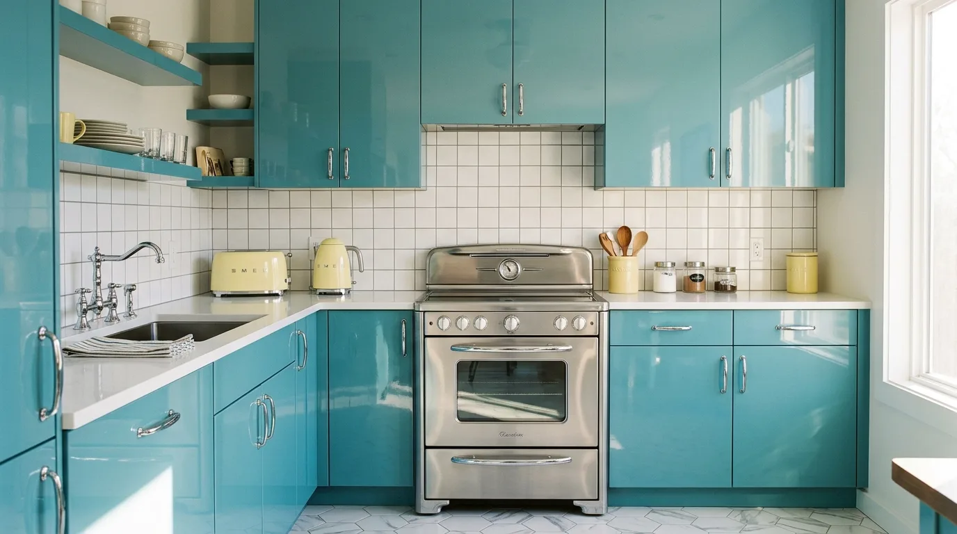 Glossy blue green slab cabinets. Chrome hardware, tiled backsplash, and vintage stainless steel oven.