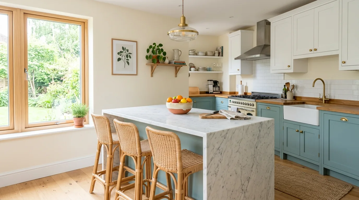 Blue green lower cabinets with white uppers. Marble island, rattan stools, and cream walls in natural light.