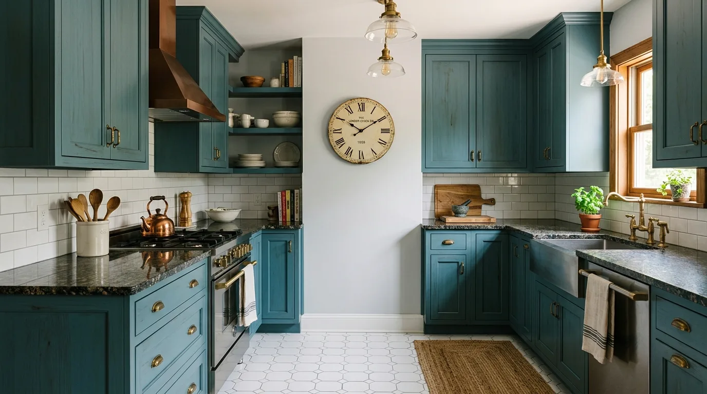 Classic blue green kitchen cabinets. Dark granite counters, white hex floor tiles, and brass ceiling lights.