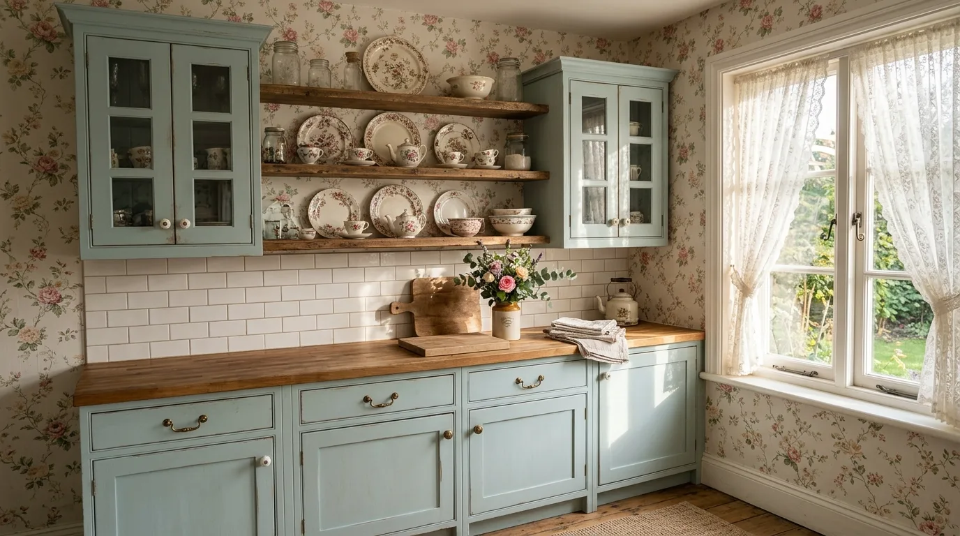 Soft blue green cabinets with floral wallpaper. Open wooden shelves, white tile backsplash, and lace curtains.