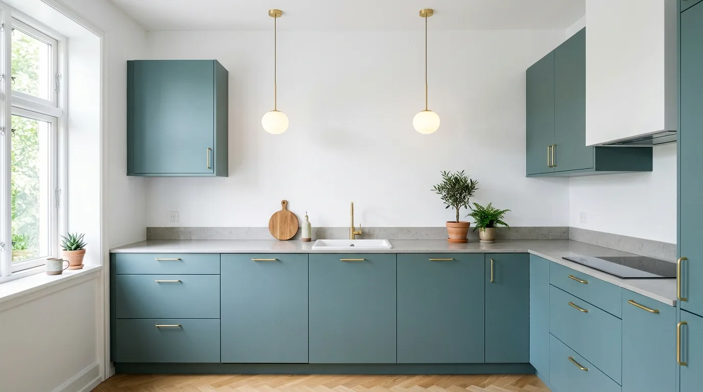 Minimal matte blue green cabinets. Slim gold pulls, light stone counters, and simple pendant lighting.