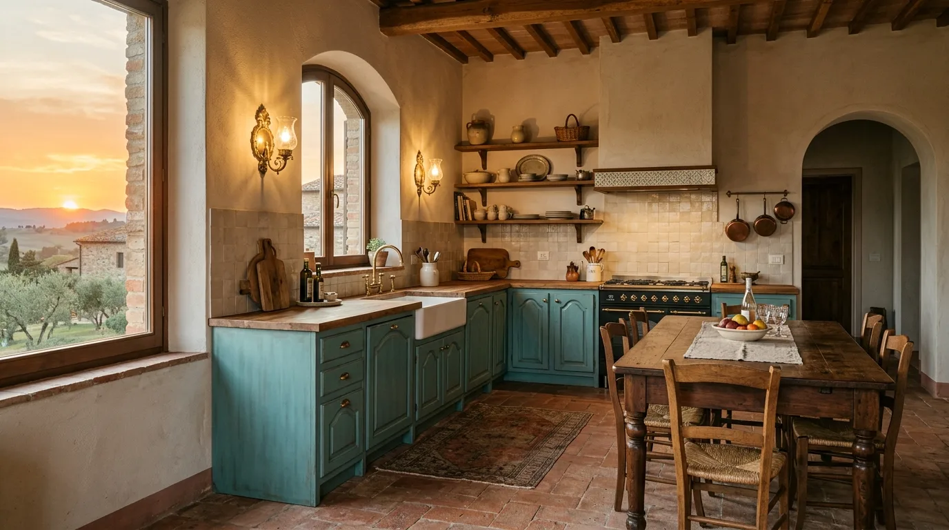 Blue green cabinets with arched doors. Terracotta floors, beige backsplash, and vintage brass sconces.