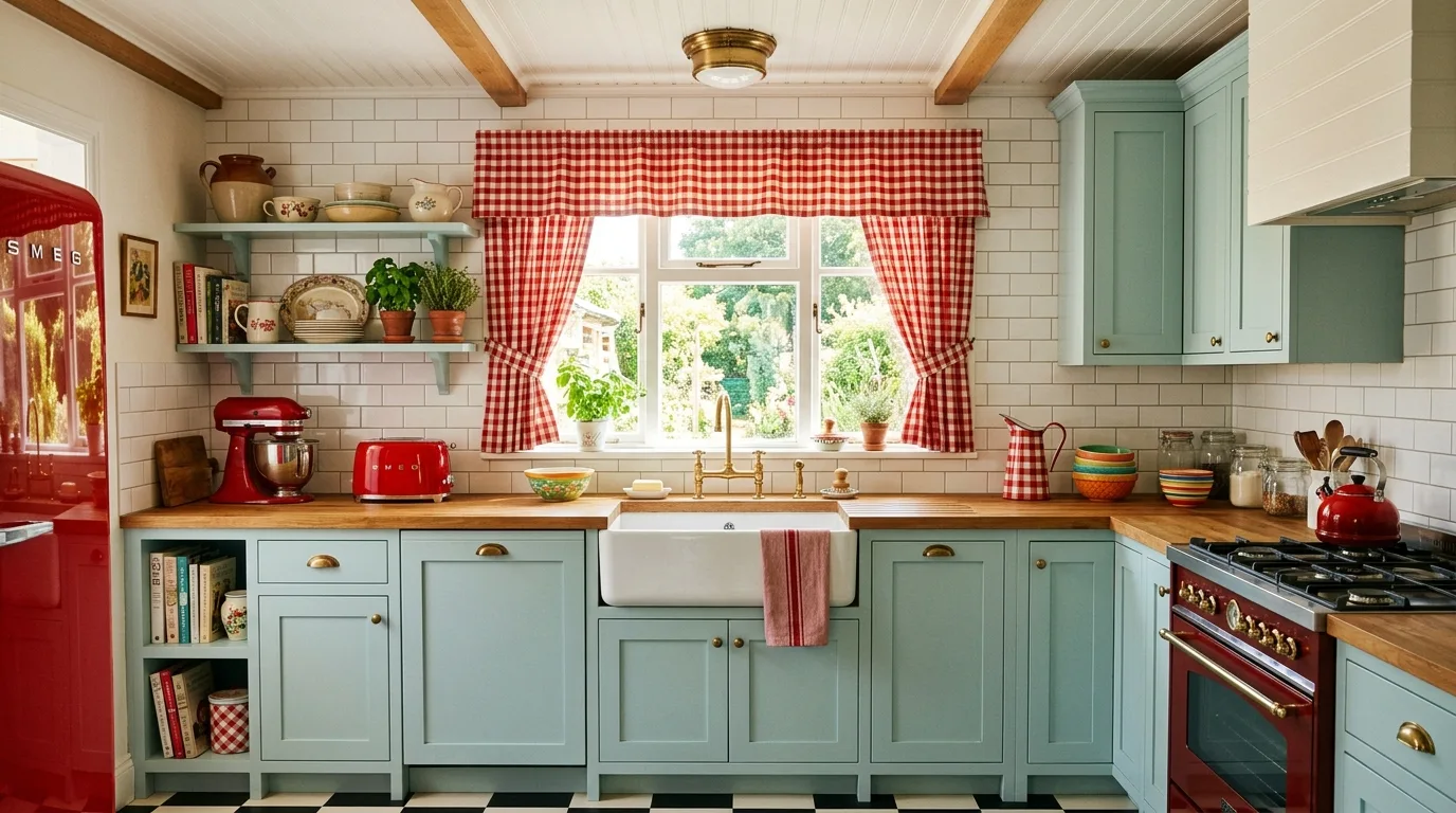 Pale blue green cabinets with red retro accents. Beadboard ceiling, farmhouse sink, and checkered curtains.