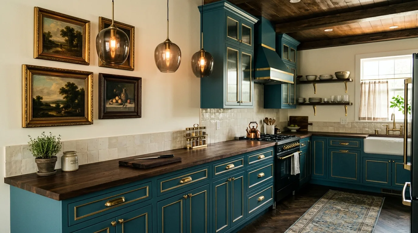 Deep blue green cabinets with gold trim. Dark walnut countertops, smoked glass lighting, and ivory walls.
