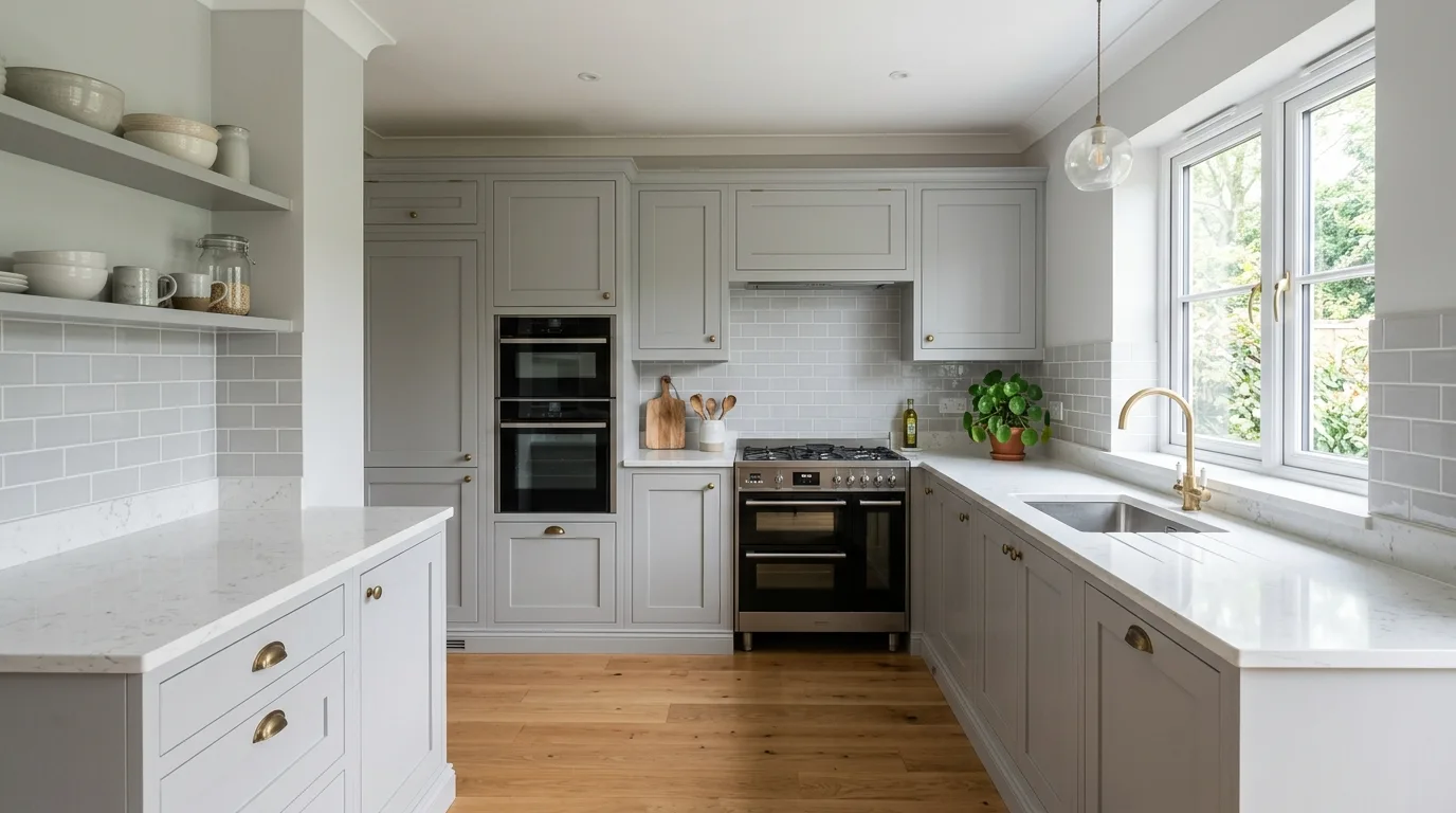 Calming grey and white kitchen with dove grey cabinets, quartz counters, and gentle morning sunlight.