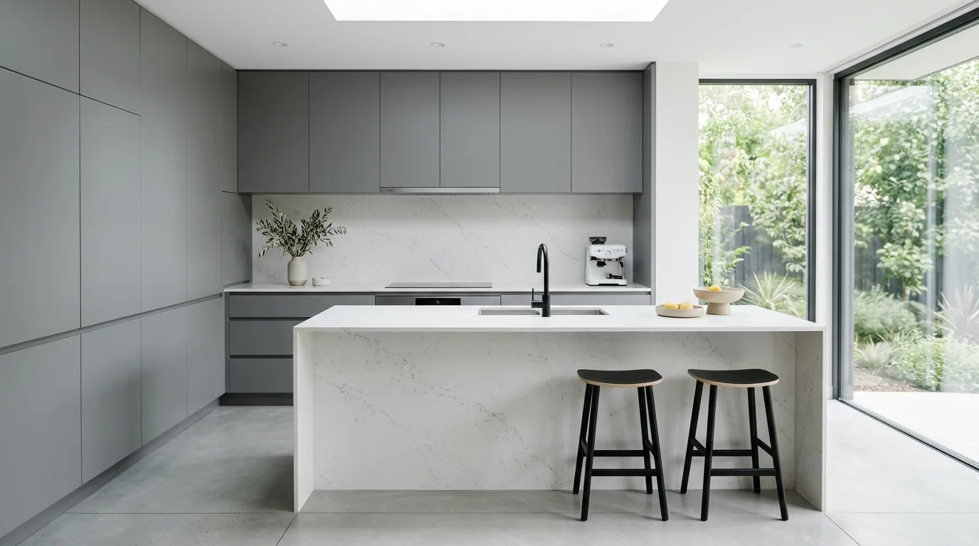 Minimal grey and white kitchen. Matte grey handleless cabinets, white waterfall island, integrated appliances, and soft daylight.