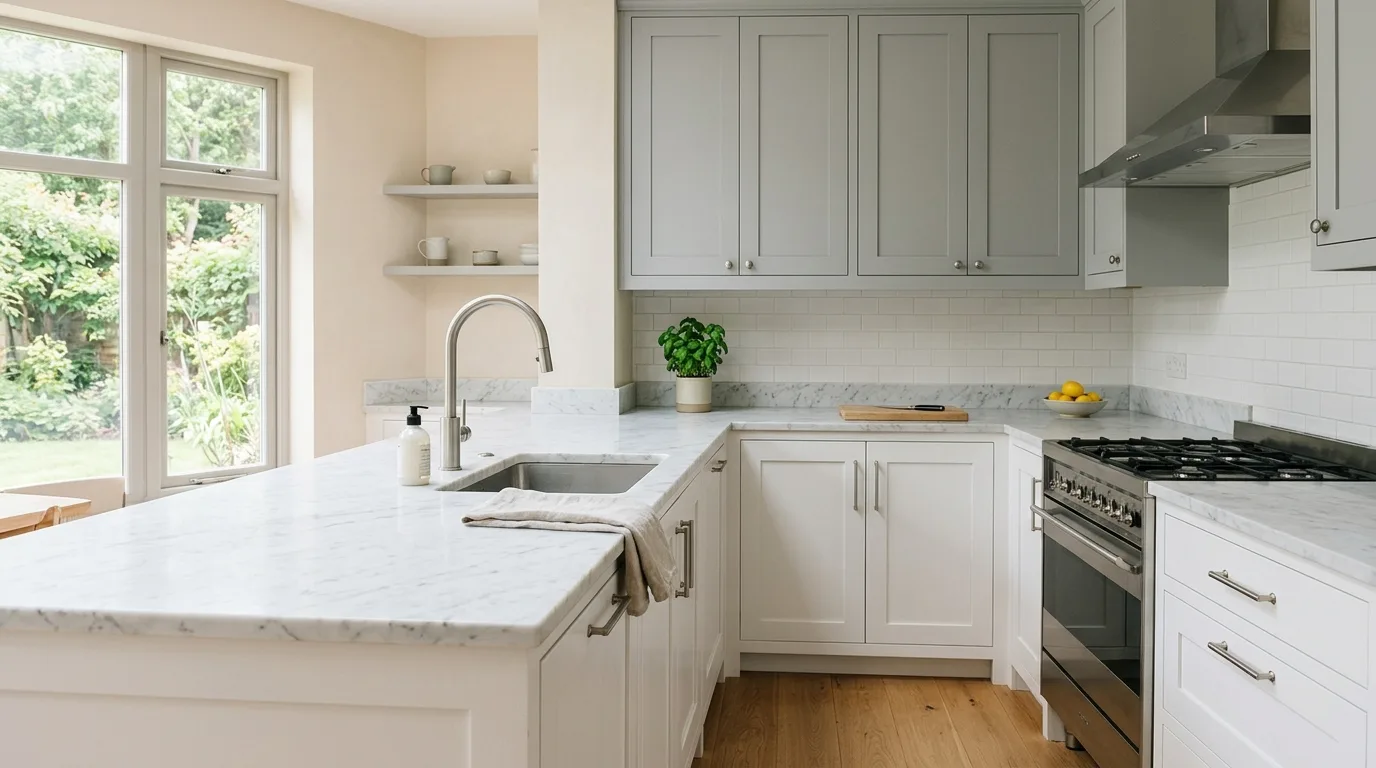 Light grey upper cabinets with white lower cabinets. Marble counters, brushed steel fixtures, beige walls, and airy natural light.