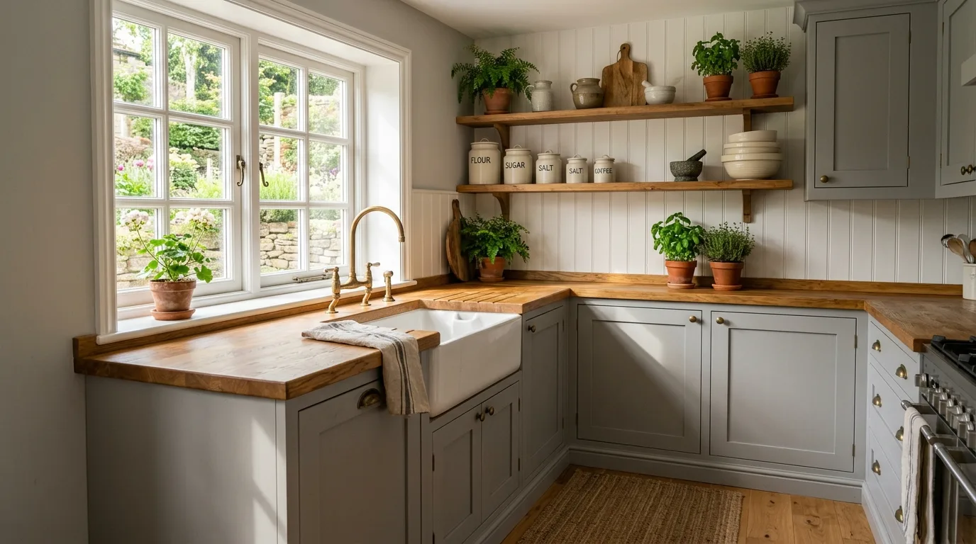 Soft grey kitchen with white beadboard backsplash. Farmhouse sink, open wood shelves, ceramic jars, and warm sunlight.