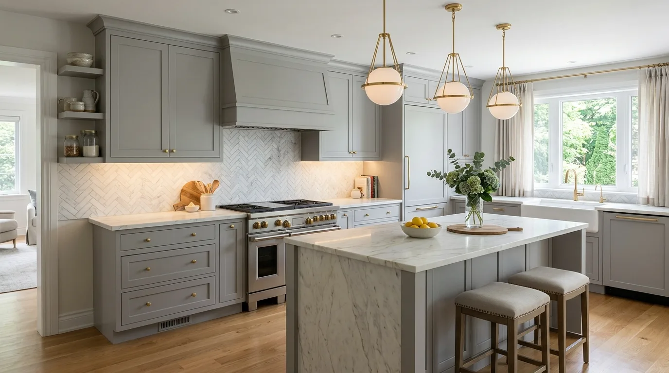 Elegant grey and white kitchen with marble herringbone backsplash. Grey shakers, gold-toned hardware, and soft ambient lighting.