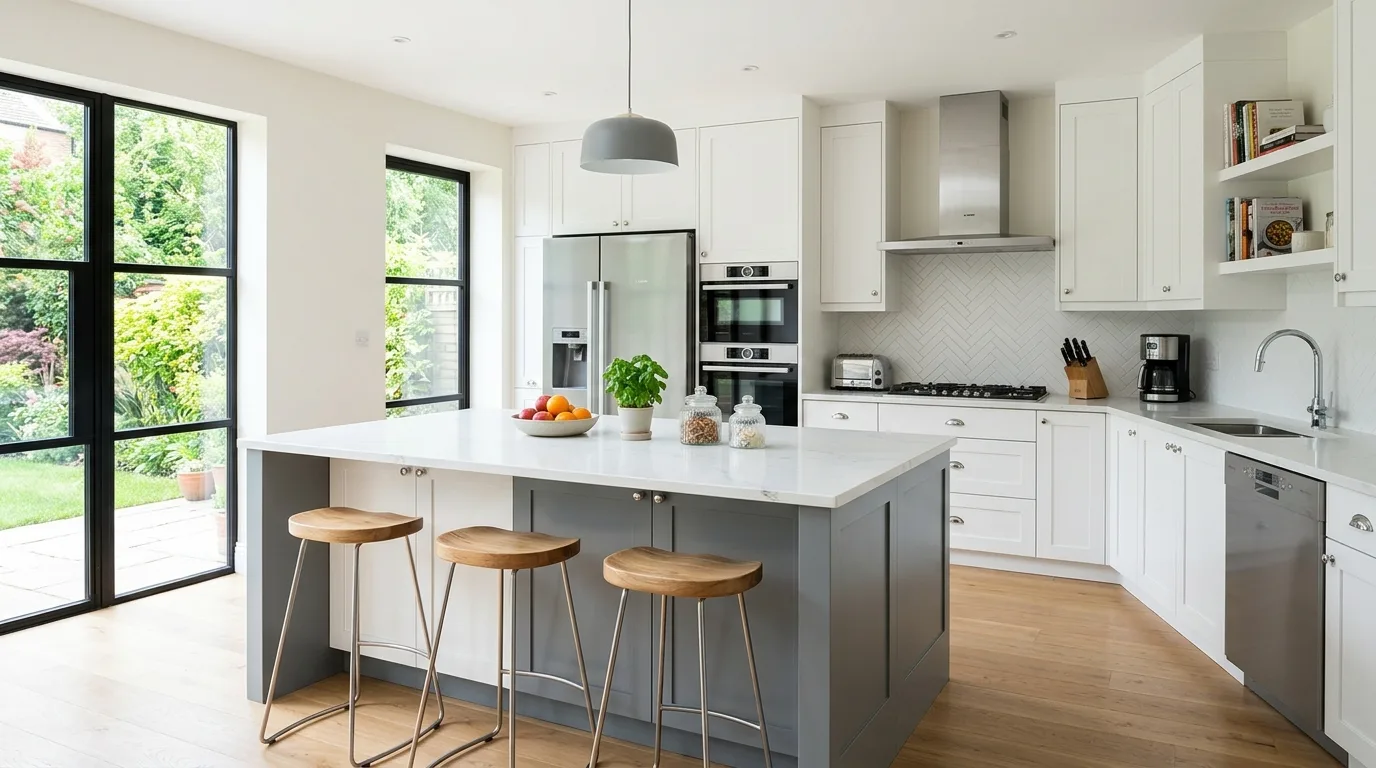 Cool grey kitchen island with surrounding white cabinetry. Quartz counters, stainless appliances, and bright daylight.