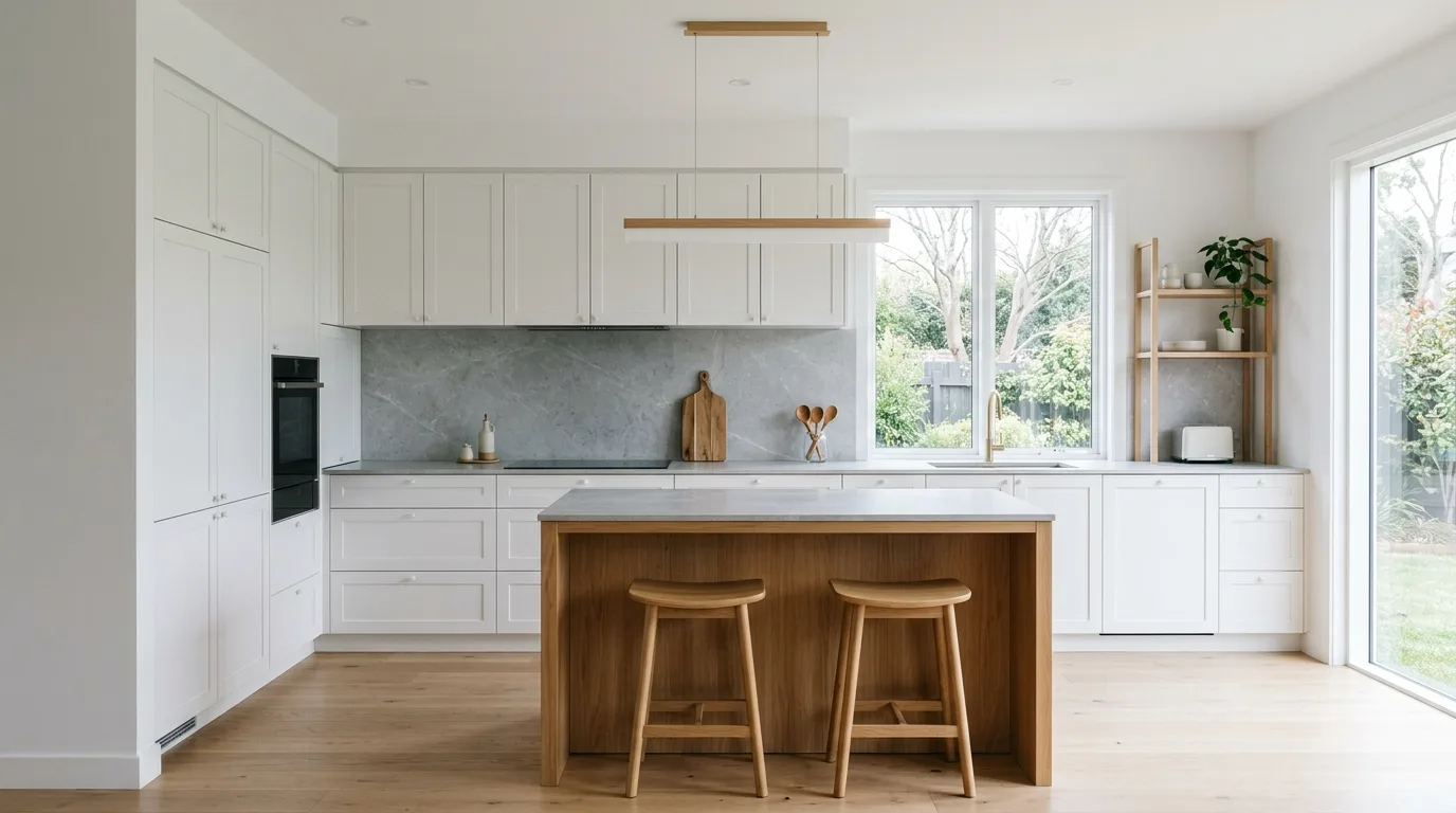 White kitchen with grey stone backsplash and counters. Built-in storage, wood stools, and diffused Scandinavian-style lighting.