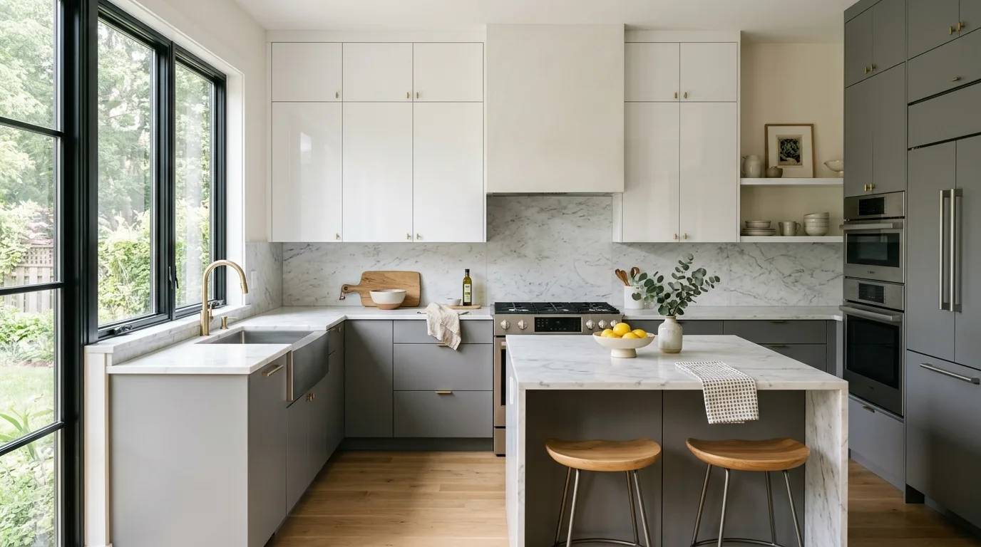 Two-tone grey and white kitchen. Matte grey bases, glossy white uppers, marble counters, and soft window shadows.