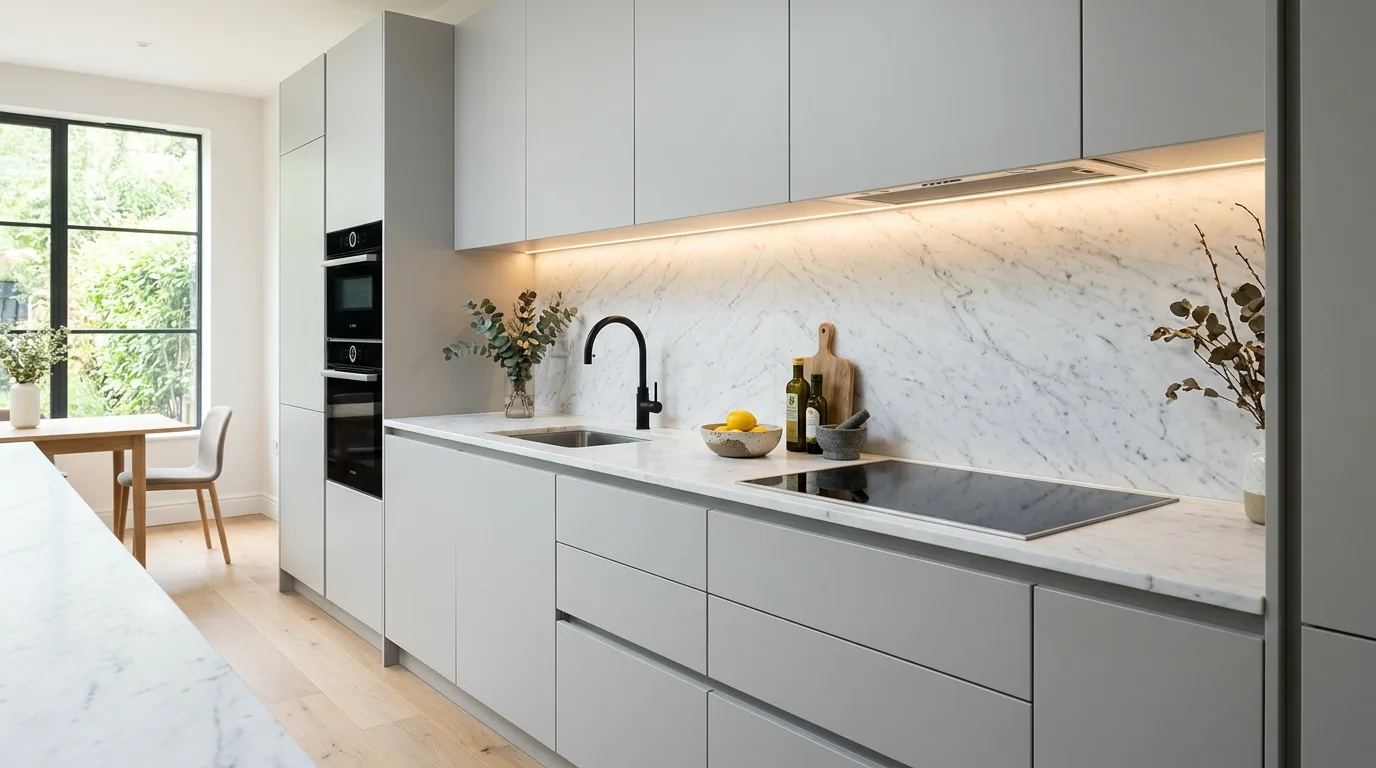 Light grey kitchen with white marble slab backsplash. Integrated lighting, handleless drawers, and soft neutral tones.