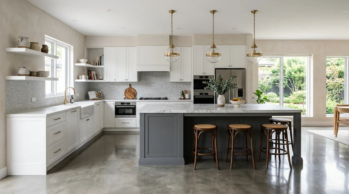 White kitchen with grey island centerpiece. Pendant lights, polished floors, and calm contemporary styling.