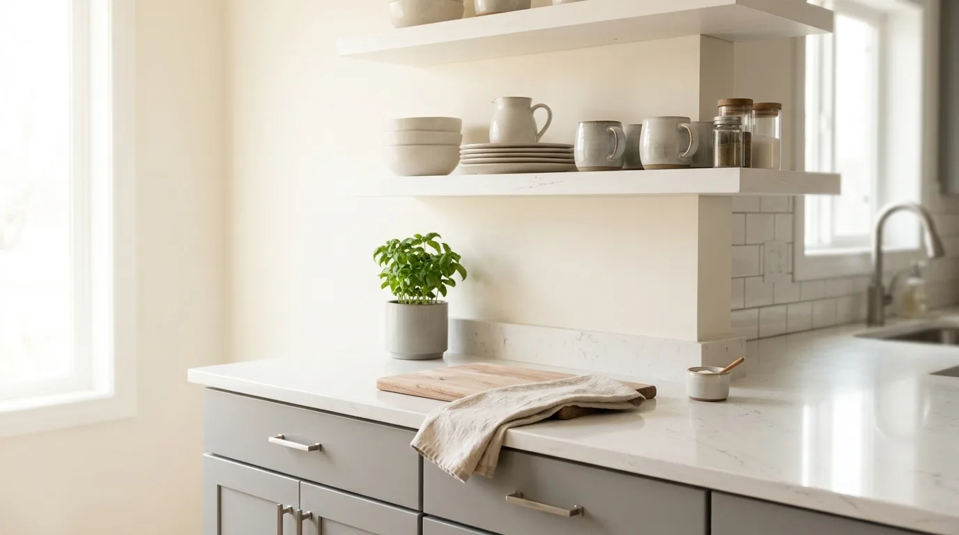 Soft grey kitchen with white open shelving. Ceramic dishware, quartz counters, and warm natural daylight.