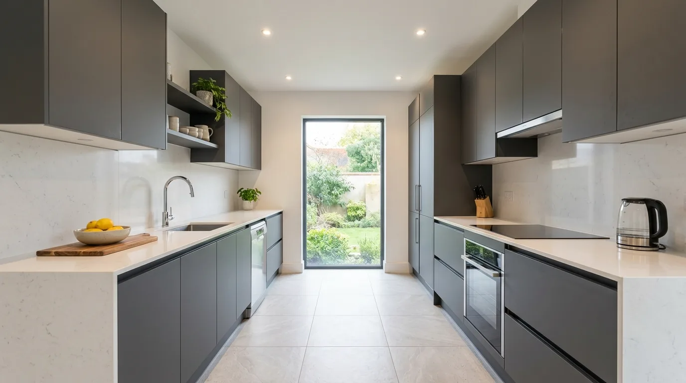 Modern grey and white galley kitchen. Matte grey cabinets, white quartz surfaces, and clean recessed lighting.