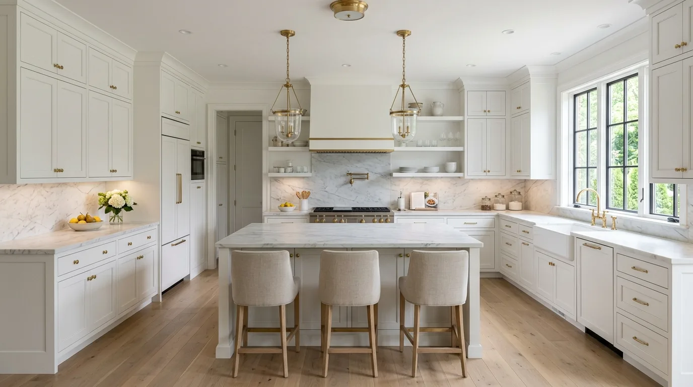Elegant white kitchen with pale grey veined marble. Subtle brass hardware and soft diffused sunlight.