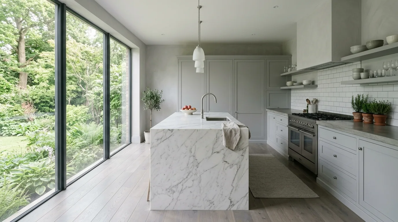 Serene grey and white kitchen with large window view. Soft grey cabinetry, white stone island, and greenery outside.