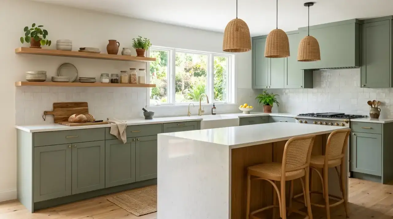 Calming sage green and wood kitchen creating an organic modern vibe with warm natural balance.