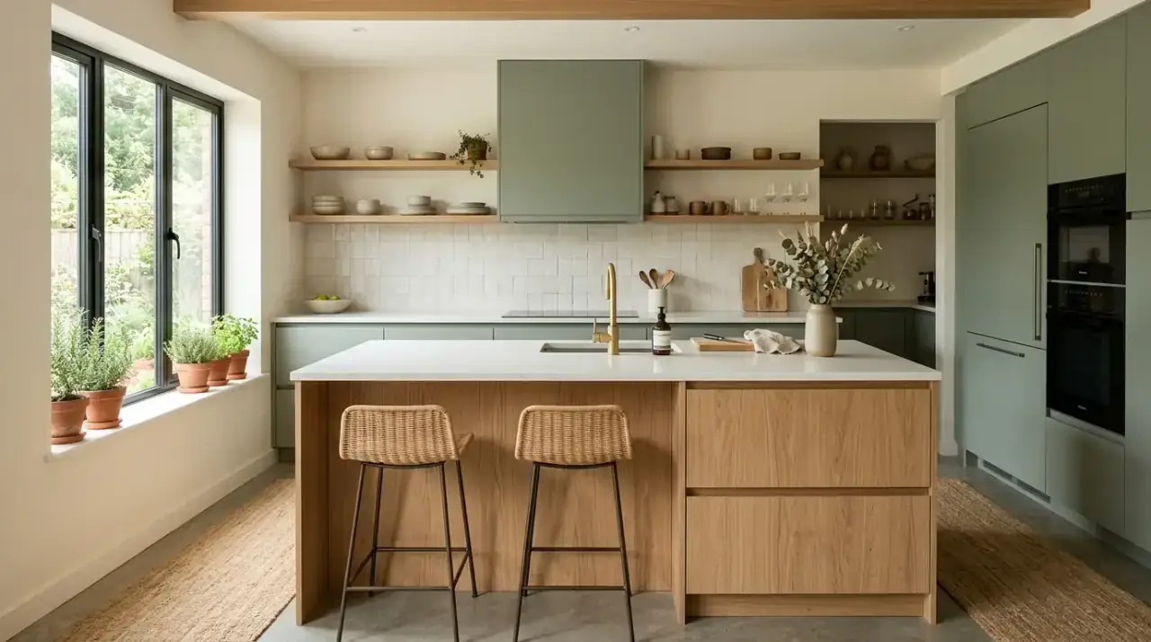 Wood shelves with sage kitchen. Calming kitchen with sage cabinets and warm wood open shelves.