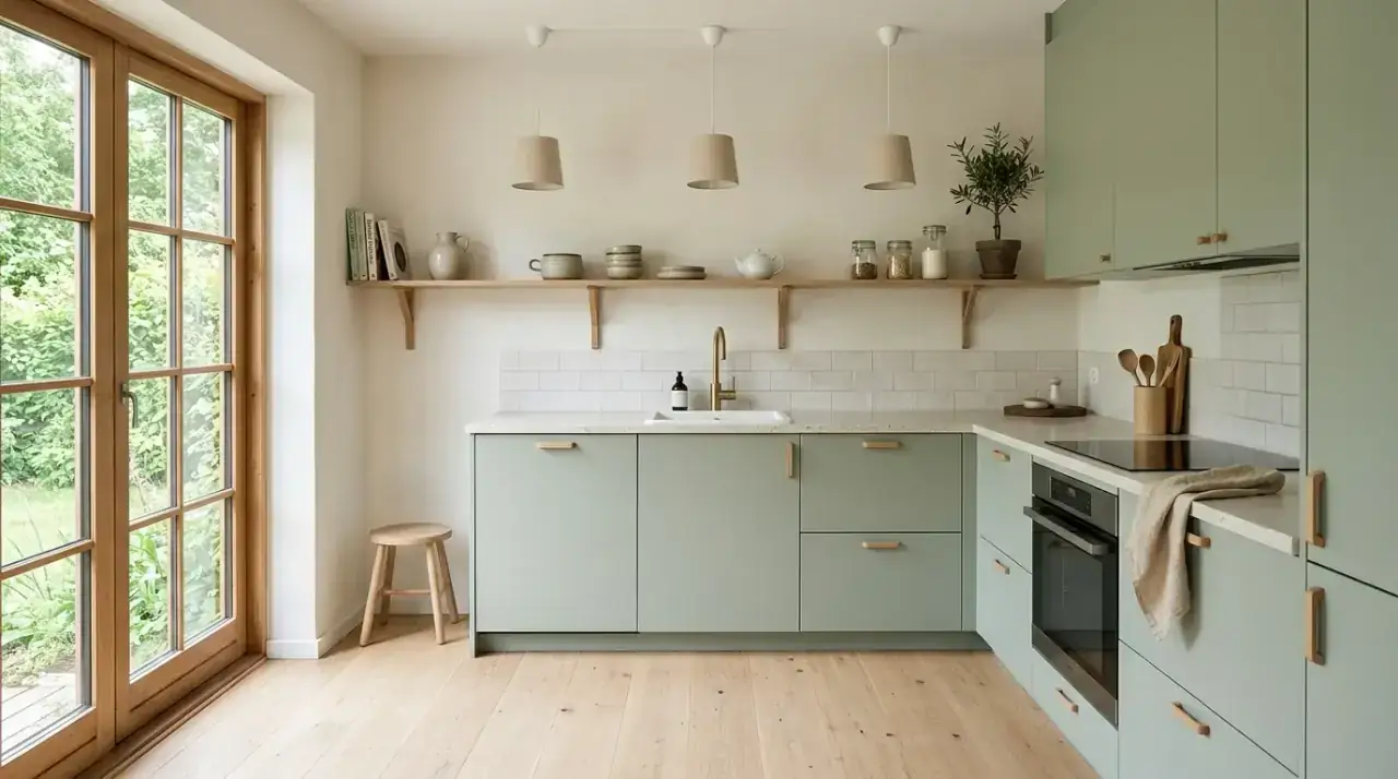 Sage lowers and wood uppers. Organic modern kitchen with sage base cabinets and wood upper storage.